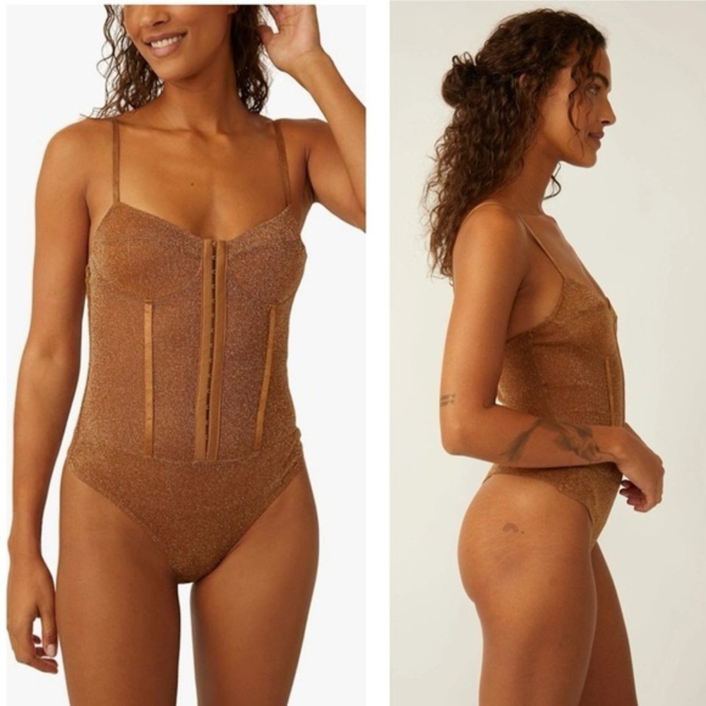 NWT Free People Shimmer Night Rhythm Corset Bodysuit in Bronze